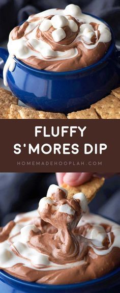 nice Fluffy Smores Dip! Fluffy marshmallow and chocolate dips are swirled together t…