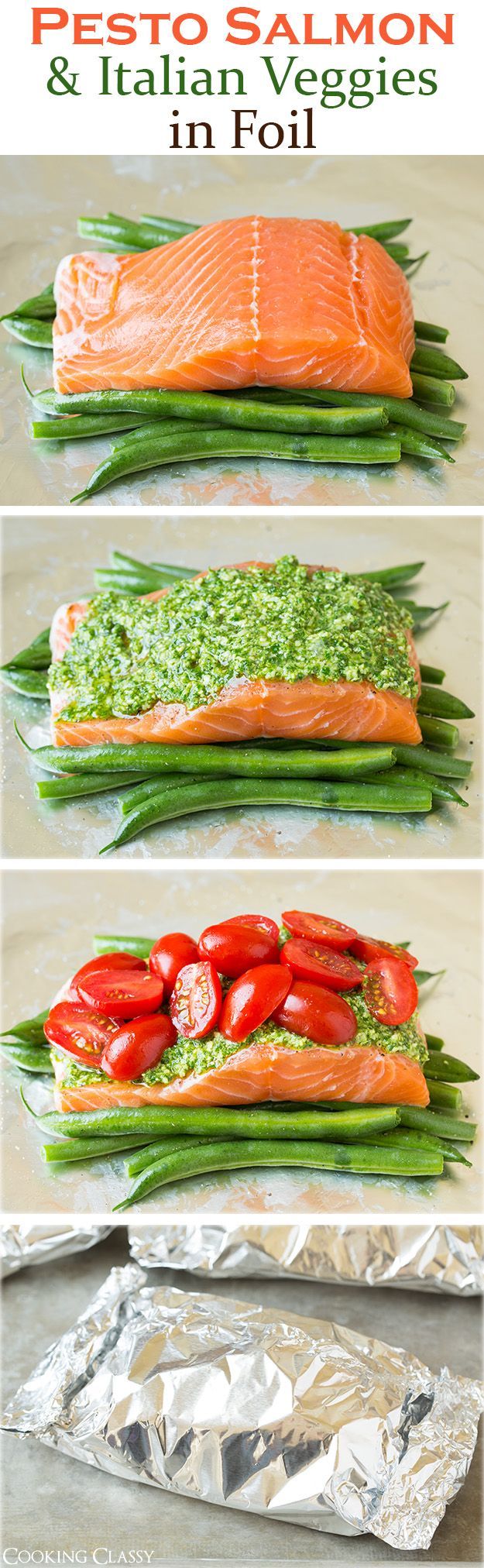 Pesto Salmon and Italian Veggies in Foil – This is an easy, flavorful dinner that