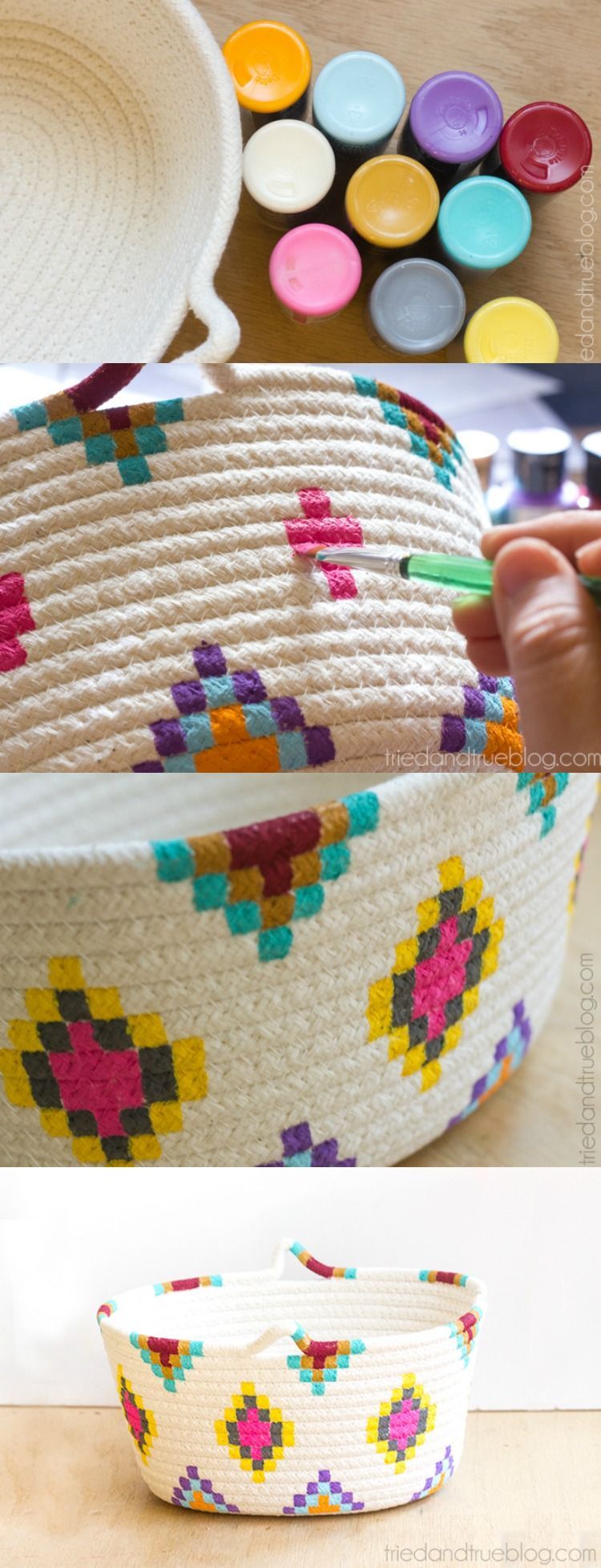 Pretty! This Kilim-Inspired painted basket tutorial is an easy way to try out a fun new color palette quickly and inexpensively.