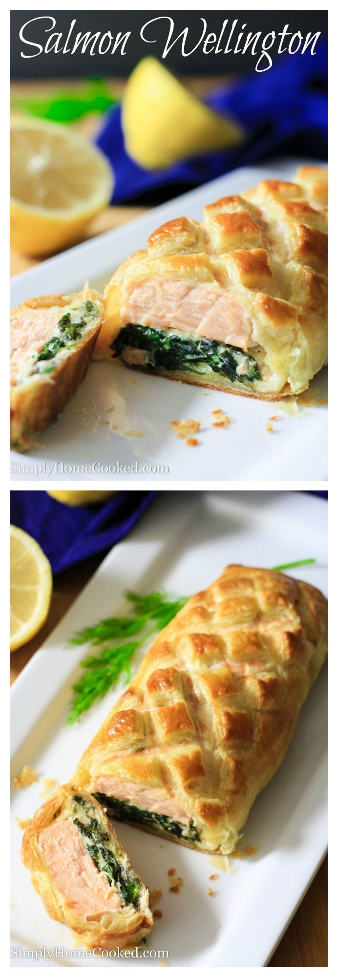 Seasoned salmon placed on a bed of cheesy sauteed spinach, wrapped in puff pastry,