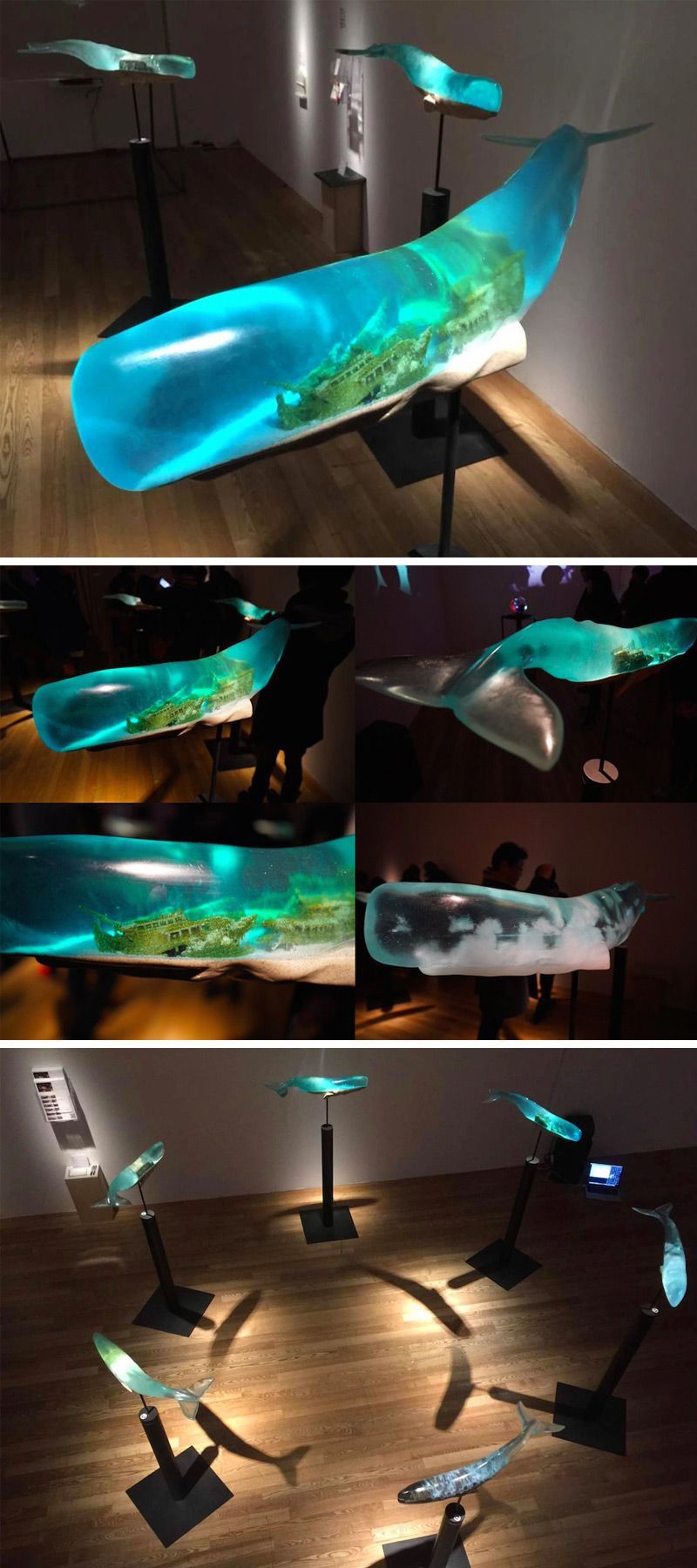 Shipwrecks and Deep Ocean Scenes Encapsulated Inside Translucent Whale Sculptures