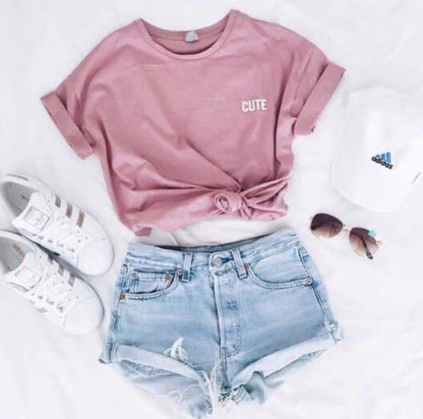 Shirt: t-shirt, pink, cute, adidas superstars, adidas, cap, outfit, summer, pink t-shirt, pink top, crop tops, instagram, shorts,