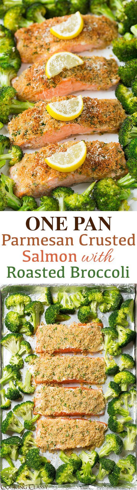 Single Sheet Pan Parmesan Crusted Salmon with Roasted Broccoli – everything is roasted together on one pan so clean up is a