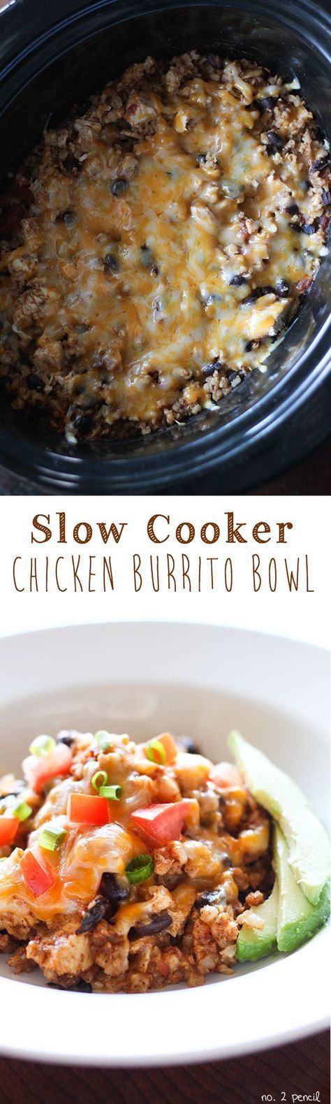 Slow Cooker Chicken Burrito Bowl – tender chicken, black beans and brown rice in a