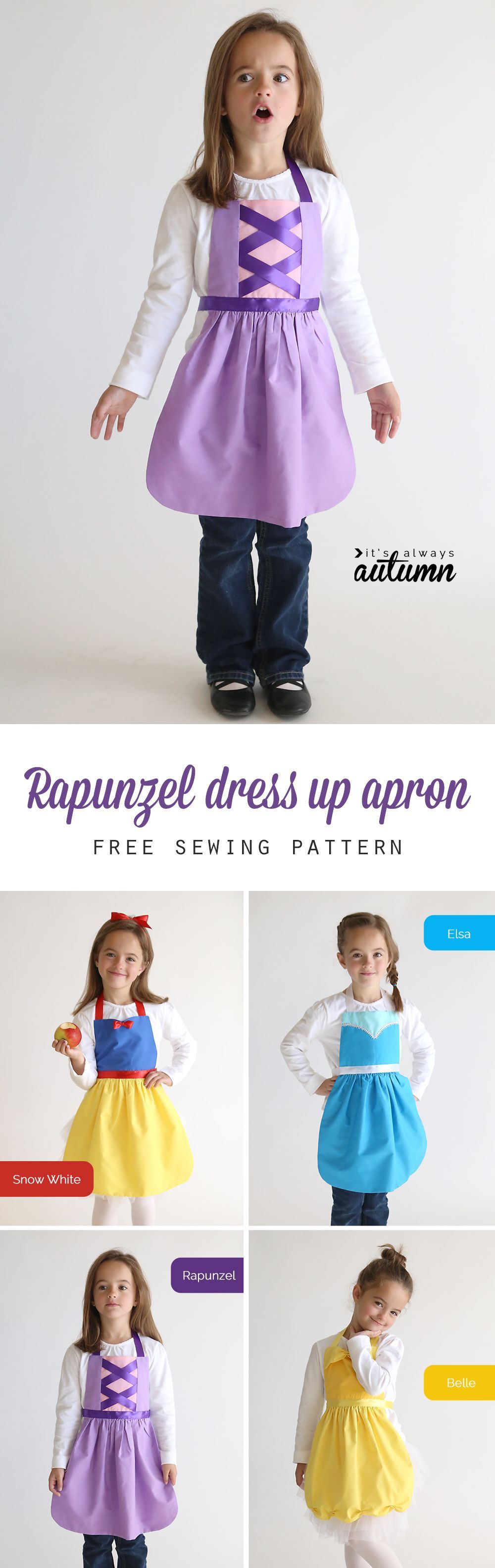 So adorable! Get the free PDF sewing pattern for this easy to make this Rapunzel (Tangled) princess dress up apron in sizes 2-8 to