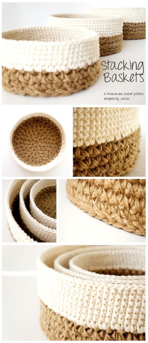 Stacking Baskets Crochet Pattern by JaKiGu – Three nesting baskets worked in jute and cotton: