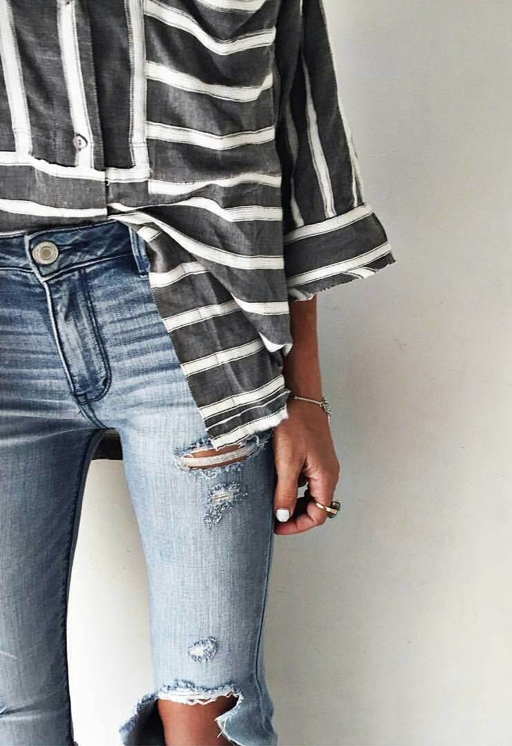 Striped button up and light jeans