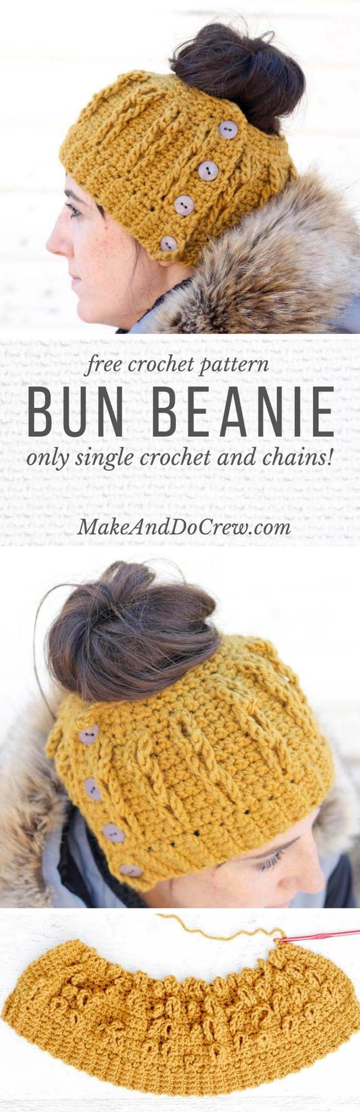 The cabled look of this free crochet bun beanie pattern is worked in only single crochet and chain stitches! Free pattern + video