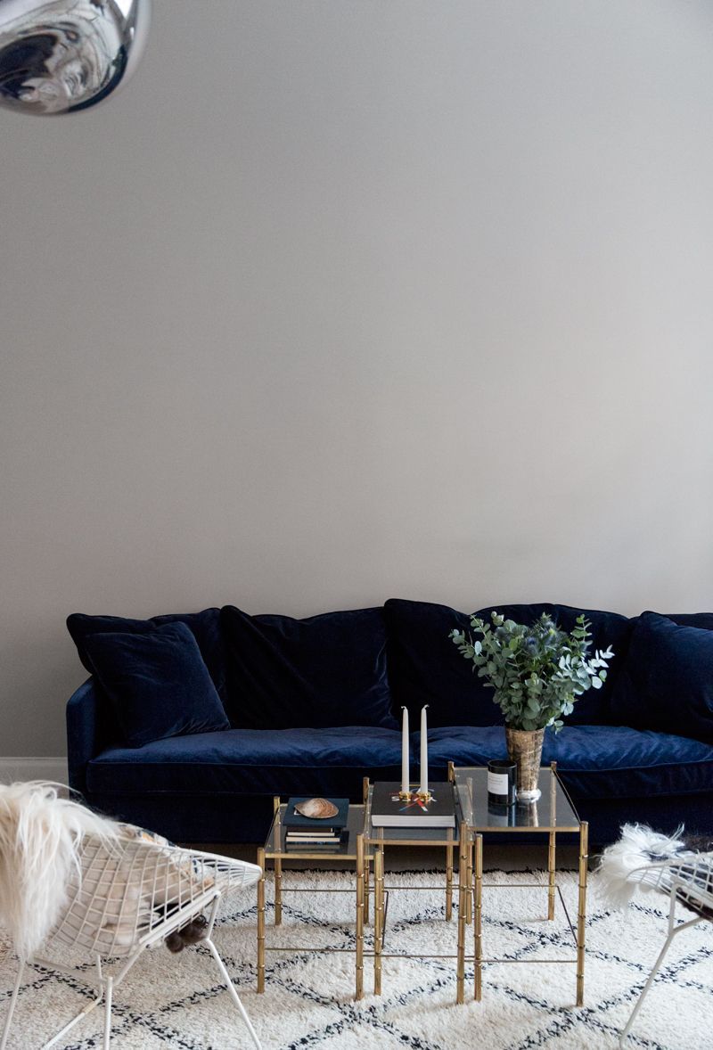 The Perfect Blue Velvet Couch | Carolina Engman Home | Farrow and Ball Pavilion Gray