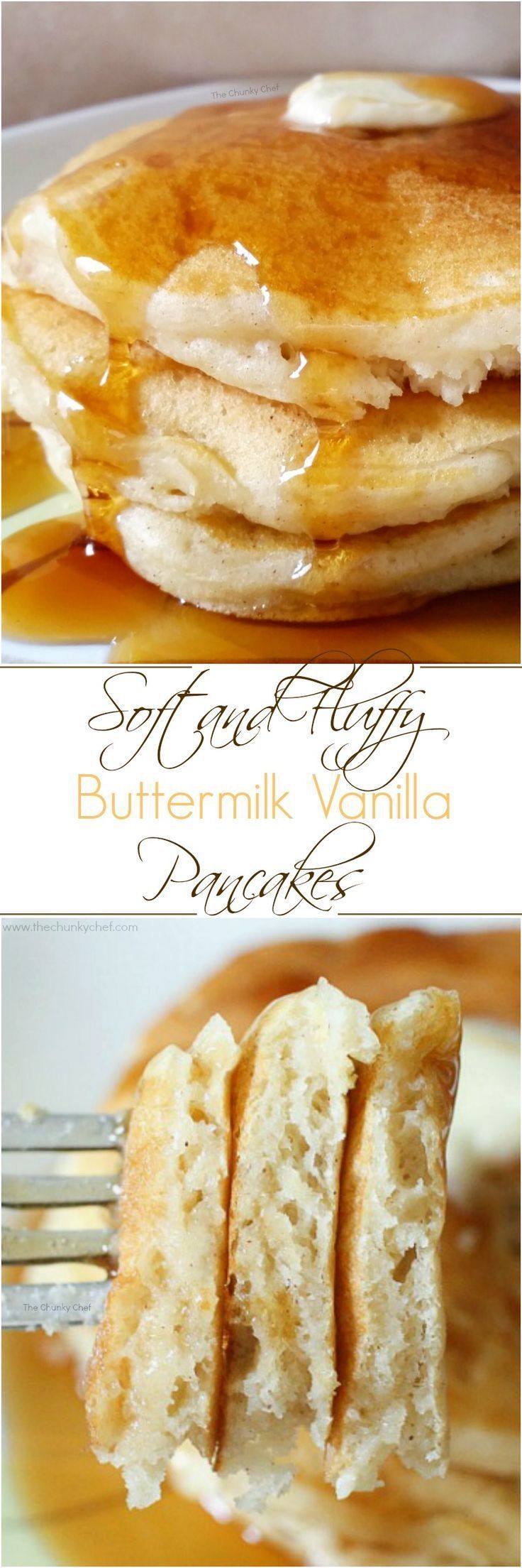 The softest, fluffiest, best buttermilk pancakes… from scratch!  Savor the sweet hints of vanilla and warmth of the cinnamon;