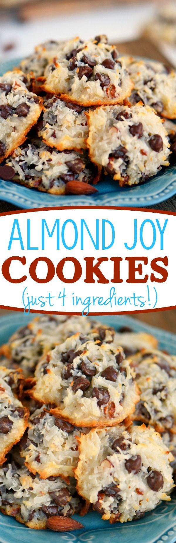 These easy Almond Joy Cookies take just four ingredients and dont even require a mixer! No beating, no chilling, just mix em up