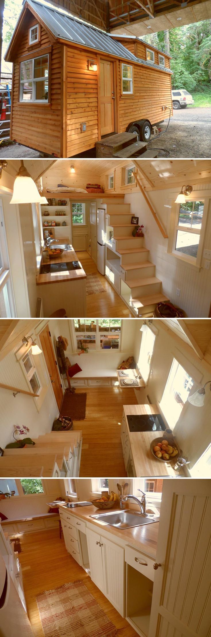 This customized 22 Ynez tiny house features tansu storage stairs with maple t