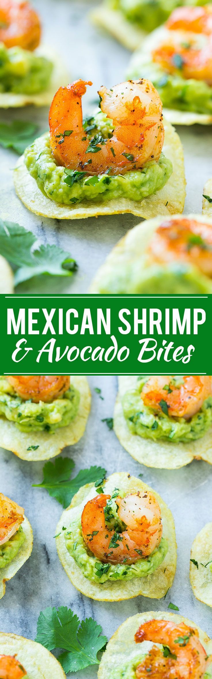 This recipe for Mexican shrimp bites is seared shrimp and guacamole layered onto individual potato chips. A super easy appetizer