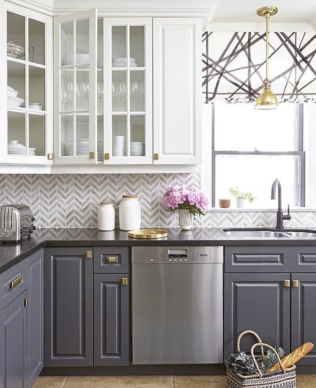 Trending Now: Kitchens With Contrasting Cabinets -- They chose Benjamin Moore’s Cloud Cover (OC-25) for the uppers and Wrought