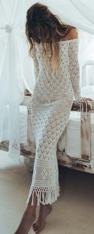 White Crochet off the Shoulder Maxi Dresss Source