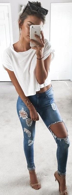 White Crop + Ripped Denim Source