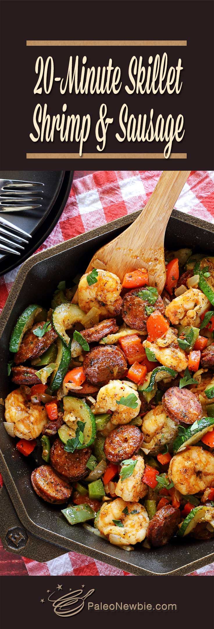 You’ll have this Smoked Sausage & Shrimp Paleo Skillet on the table and ready to eat in 20 easy minutes!