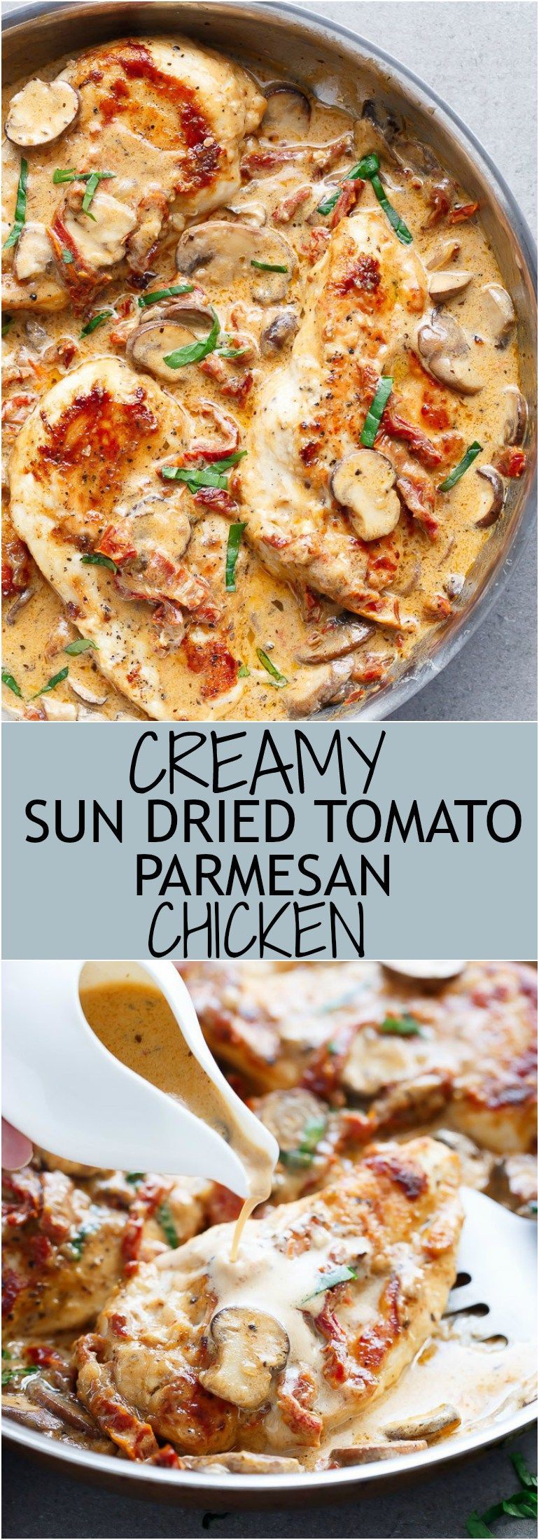 A Creamy Sun Dried Tomato Parmesan Chicken with Mushrooms that is Gluten Free and made with NO HEAVY CREAM…..or ANY cream…..at