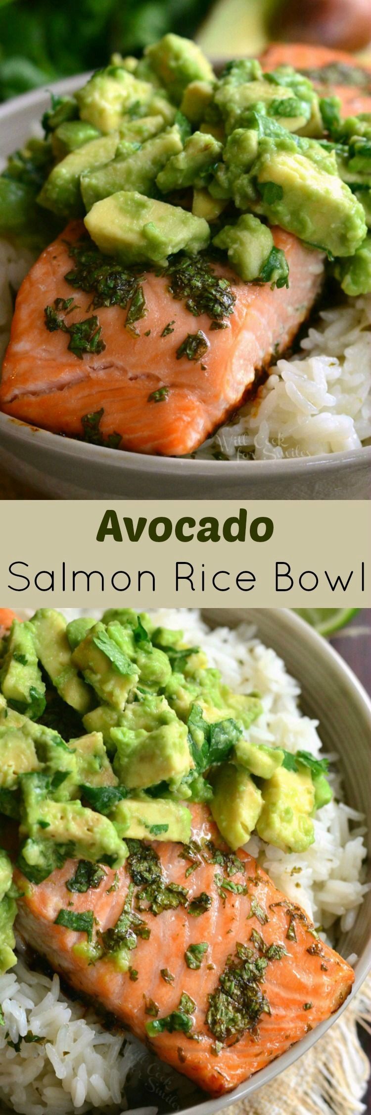 Avocado Salmon Rice Bowl. Beautiful honey, lime, and cilantro flavors come together is this tasty salmon rice bowl.