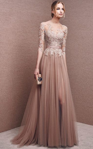 Bateau+1/2+Sleeves+Tulle+Chocolate+A+Line+Long+Prom+Dress