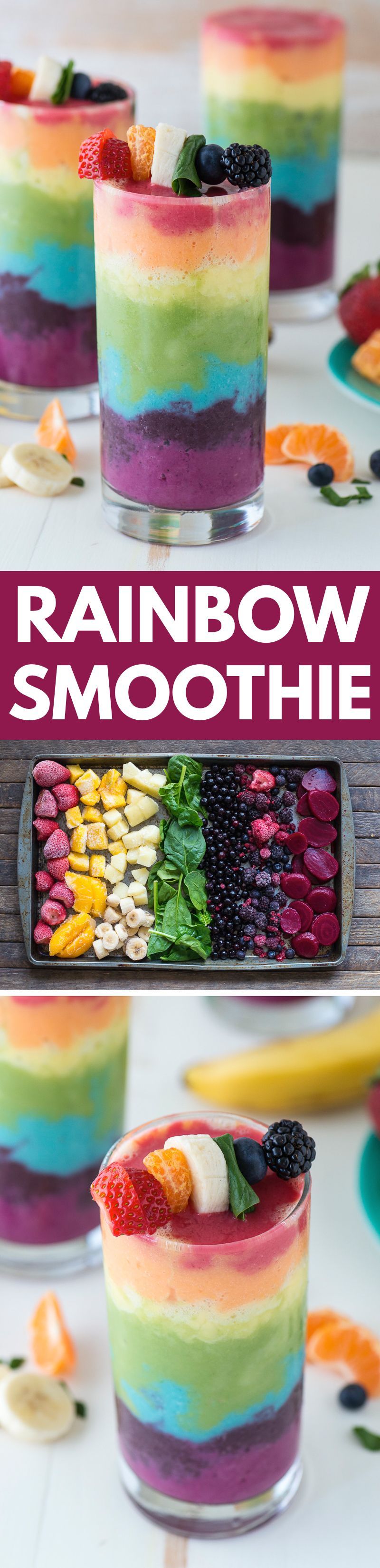 Beautiful 7 layer rainbow smoothie recipe! Full of tons of fruit and topped with a fruit skewer, it’s the ultimate rainbow