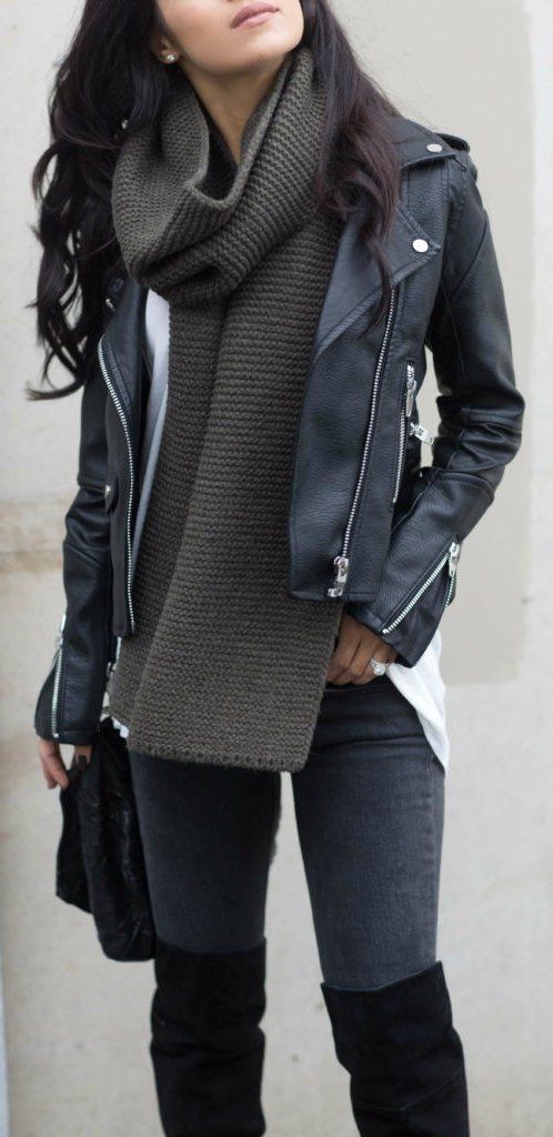 Black Leather Jacket + Dark Turtleneck + Black OTK Boots