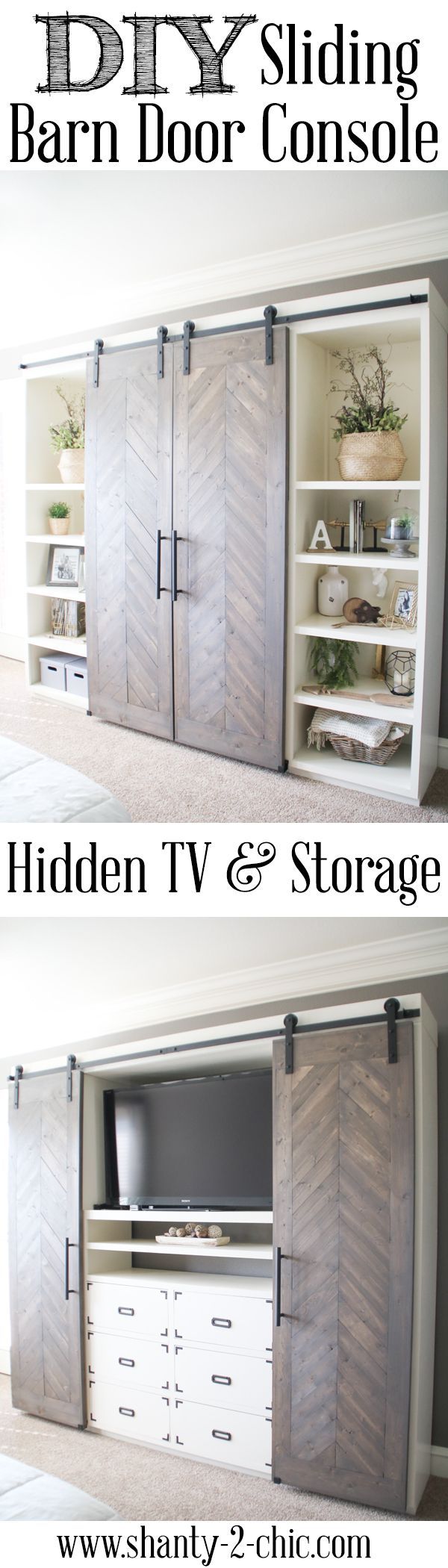 Build this Sliding Barn Door Console! It’s perfect for any room! Hide your TV and add tons of storage! Free plans and tutorial at