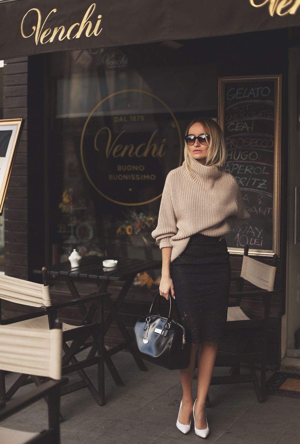 Camel turtle neck sweater, black lace pencil skirt // fall outfit