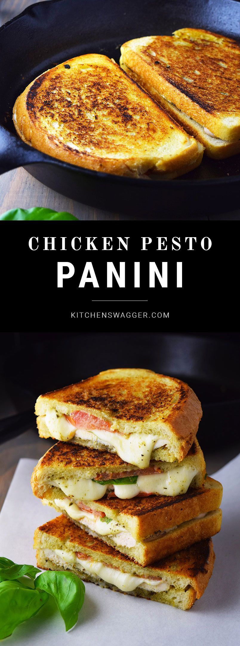 Chicken pesto panini made in a cast iron skillet.