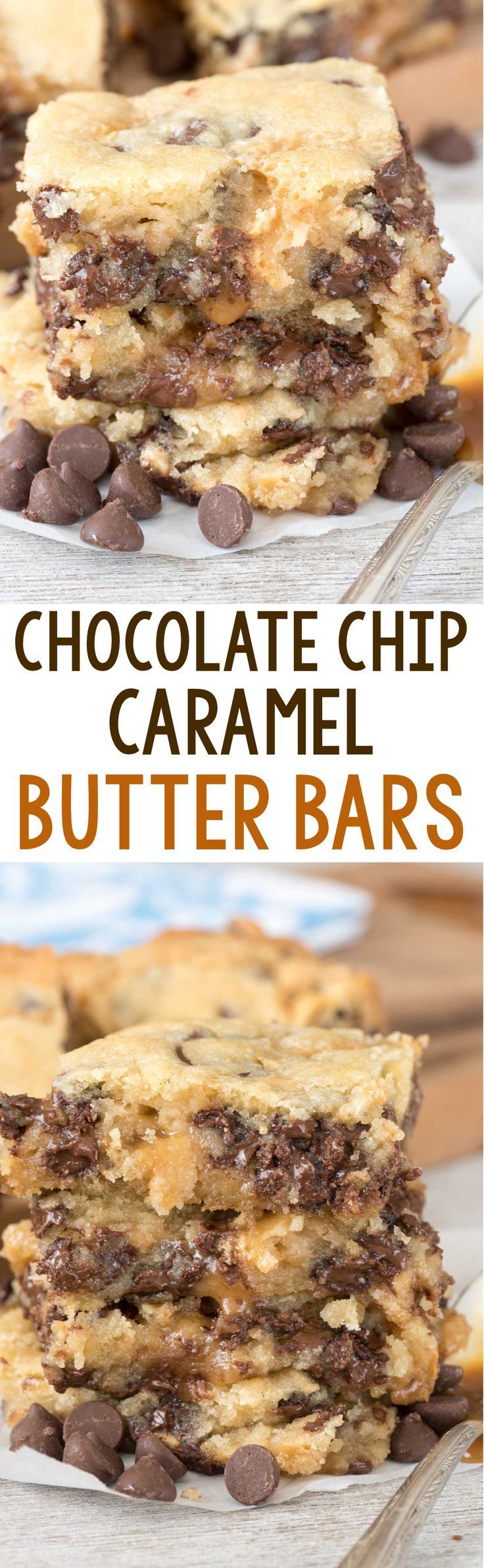 Chocolate Chip Caramel Butter Bars – easy sugar cookie bars filled with chocolate chips and sandwiched with gooey caramel sauce!