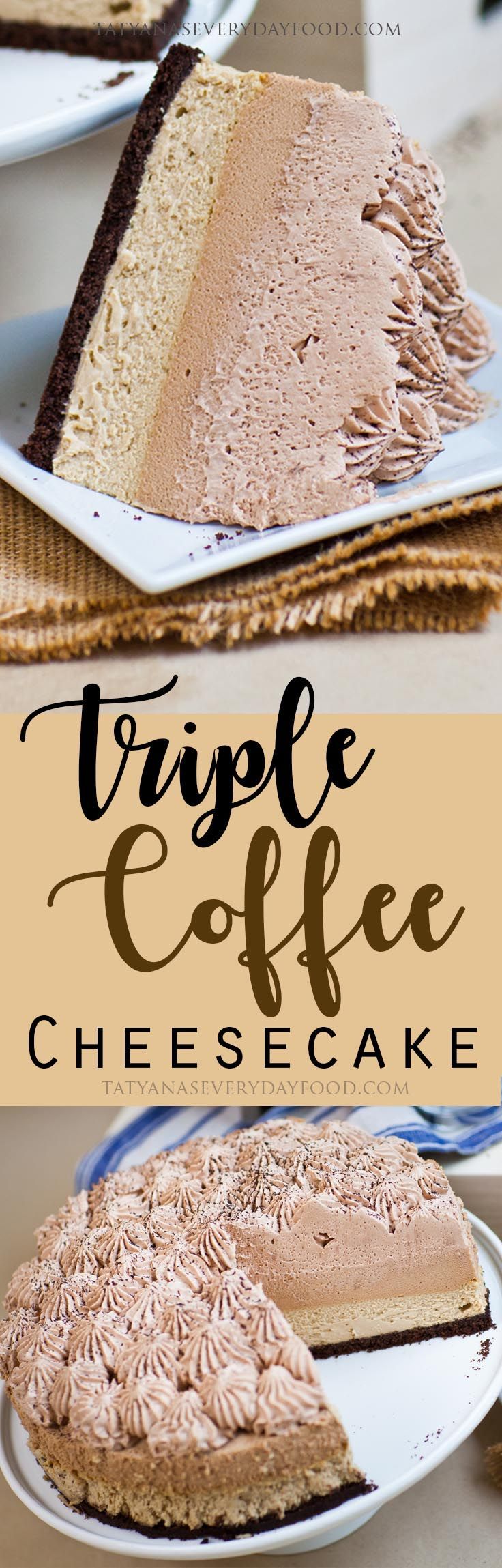 Coffee lovers – this extravagant cake is for you! My Triple Coffee Cheesecake is a combination of Kahlua cheesecake, Kahlua-coffee