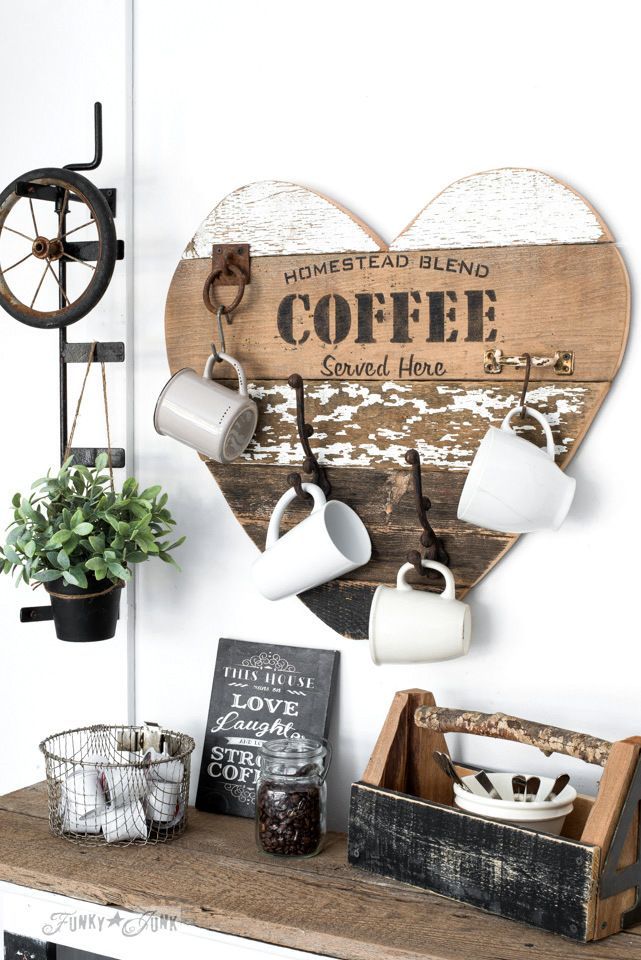 Create a coffee mug hanging station using Homestead Blend Coffee, part of Funky Junk’s Old Sign Stencils | funkyjunkinterior…