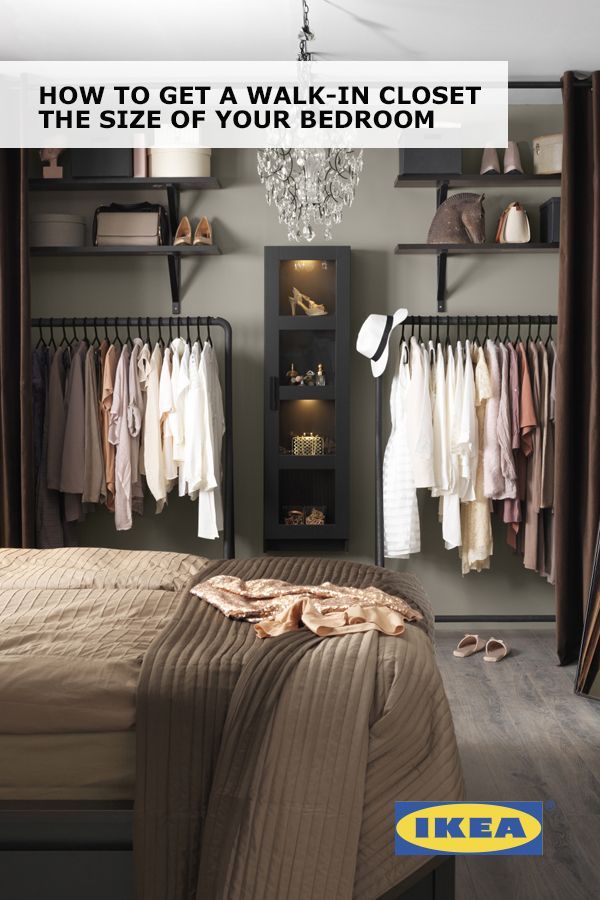 Create a walk-in closet the size of your bedroom with IKEA curtains, rolling clothes racks and display cabinets! Find out how to