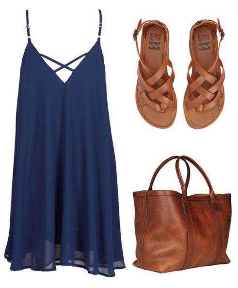 cupshe summer outfit hertrack.com dress. Brown purse. Brown sandals. Blue dress. Summer dress. Summer fashion. Outfit ideas.