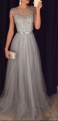 Cute silver grey tulle long prom dress with beautiful top details, evening dress for teens