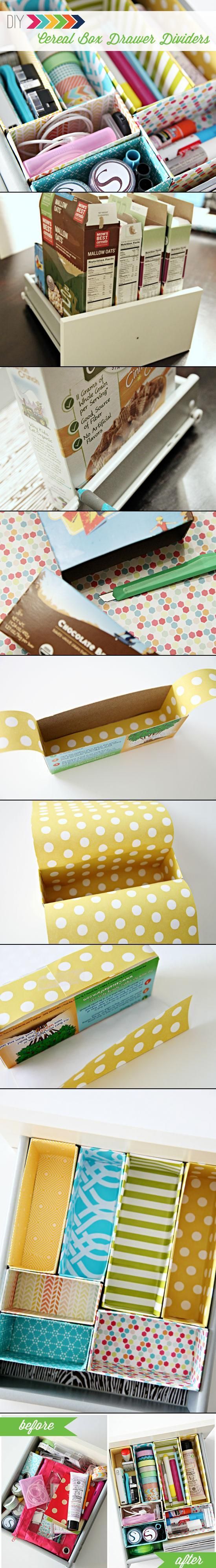 DIY Cereal Box Drawer Dividers, by I Heart Organizing. (LOVE this idea!)