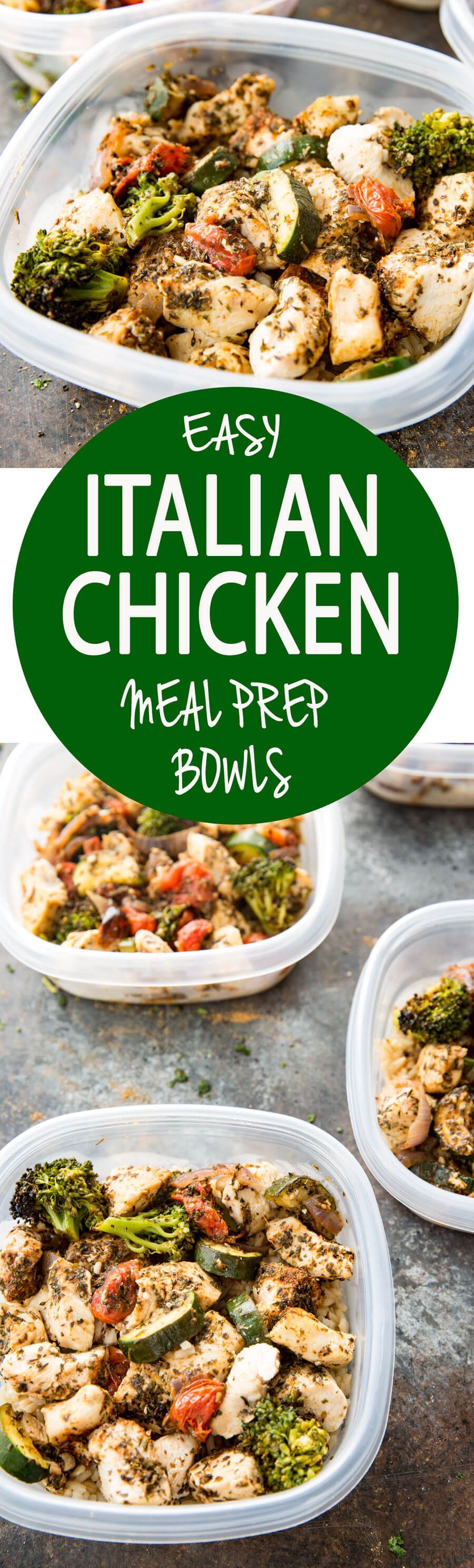 Easy Italian Chicken Meal Prep Bowls: Seasoned chicken, zucchini, broccoli, onions, and grape tomatoes all cooked on one pan, and