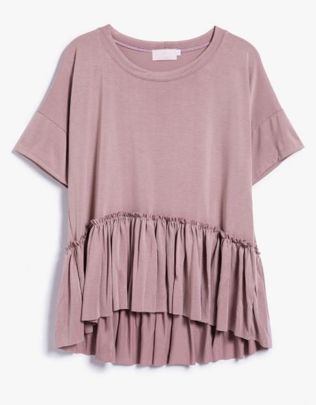 From Farrow, a lightweight flowy top in Dusty Pink.  Features wide crew neckline, dropped shoulders, short sleeves, ruffled hem,