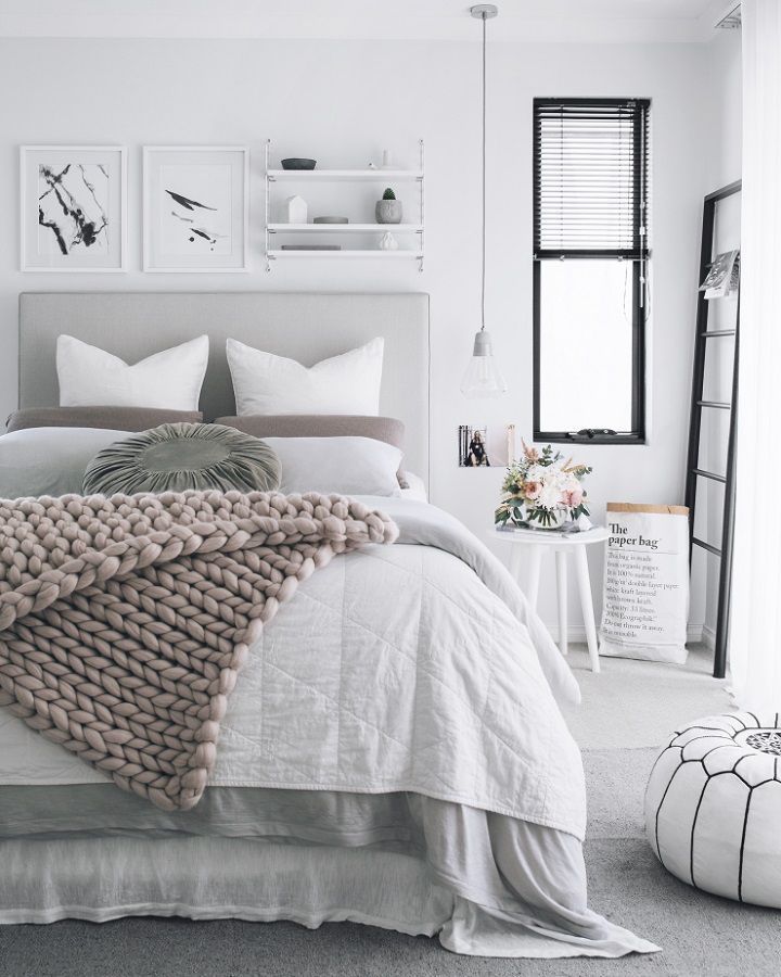 Gray is the new white! Love the way this color is paired with serene tones for a calming bedroom decor.