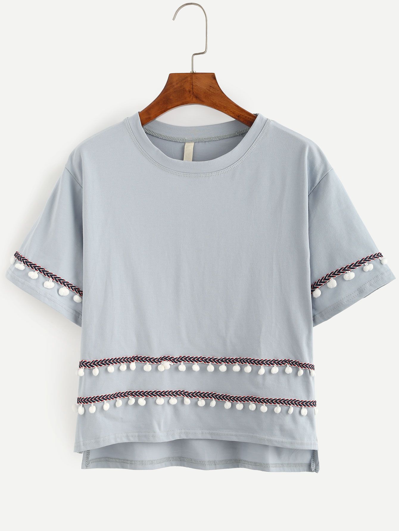 Grey Embroidered Tape Detail Pom Pom T-shirt.