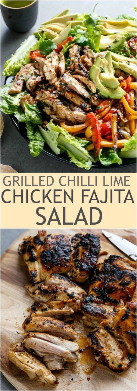 Grilled Chilli Lime Chicken Fajita Salad – Tender and juicy chicken thighs grilled in a chilli lime marinade that doubles as a