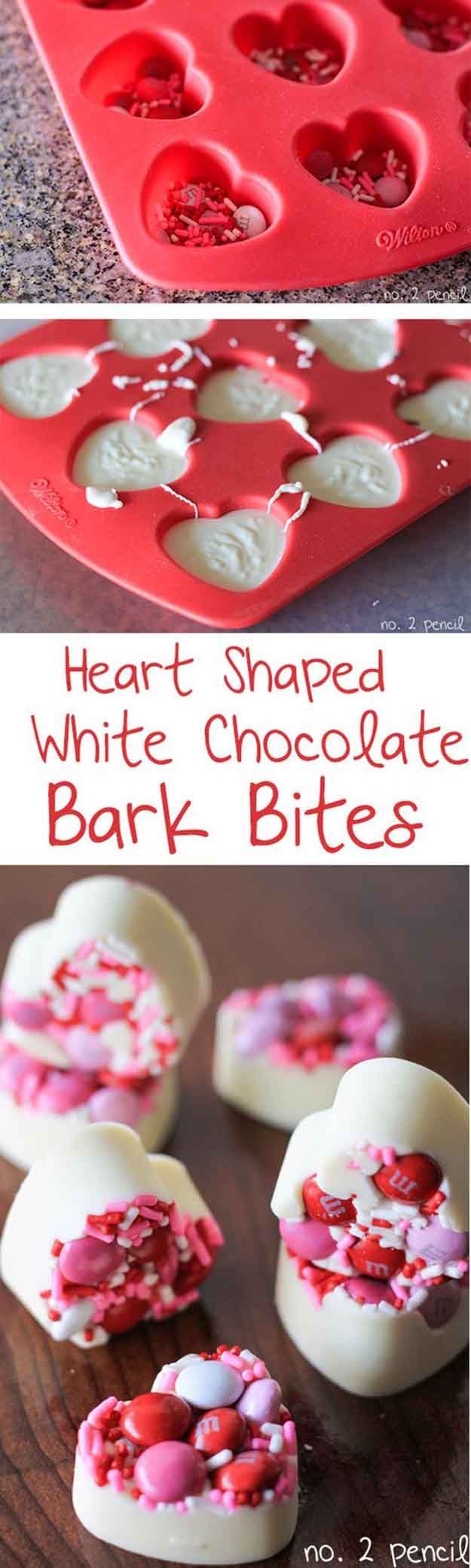 Heart Shape White Chocolate Bark Bites|25 Valentines Day Treats That Look Way Too Good to Eat,see more at: diyready.com/…