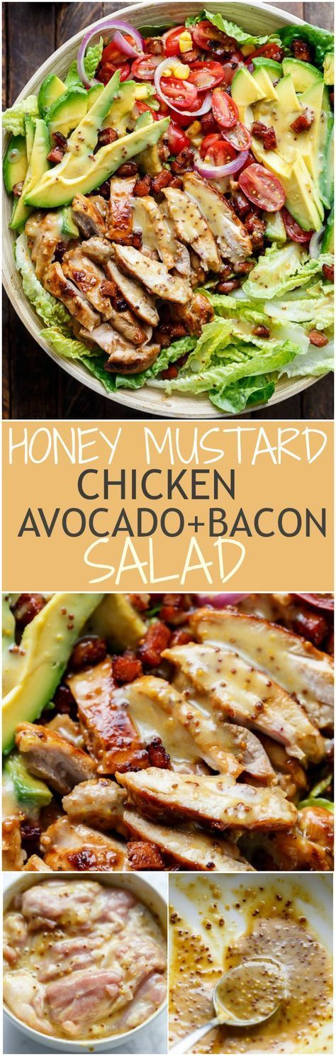 Honey Mustard Chicken, Avocado + Bacon Salad, with a crazy good Honey Mustard dressing withOUT mayonnaise or yogurt! And only 5
