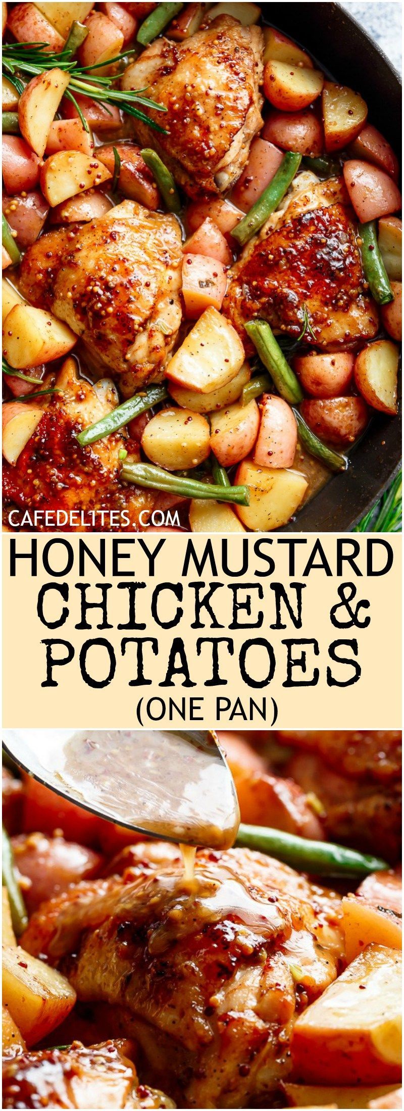 Honey Mustard Chicken & Potatoes is all made in one pan! Juicy, succulent chicken pieces are cooked in the best honey mustard