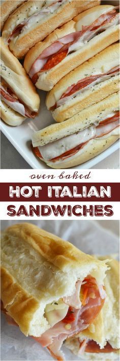 Hot Italian Sandwiches baked in the oven. Meaty Cheesy Sub Sandwiches, great for feeding a large crowd! A great game day recipe!