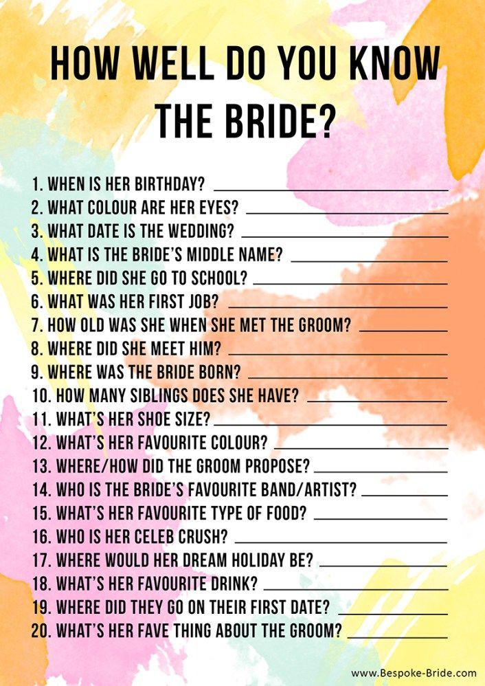 How well do you know the bride? Free printable Games t suck for your bachelorette, bridal shower or hen party.