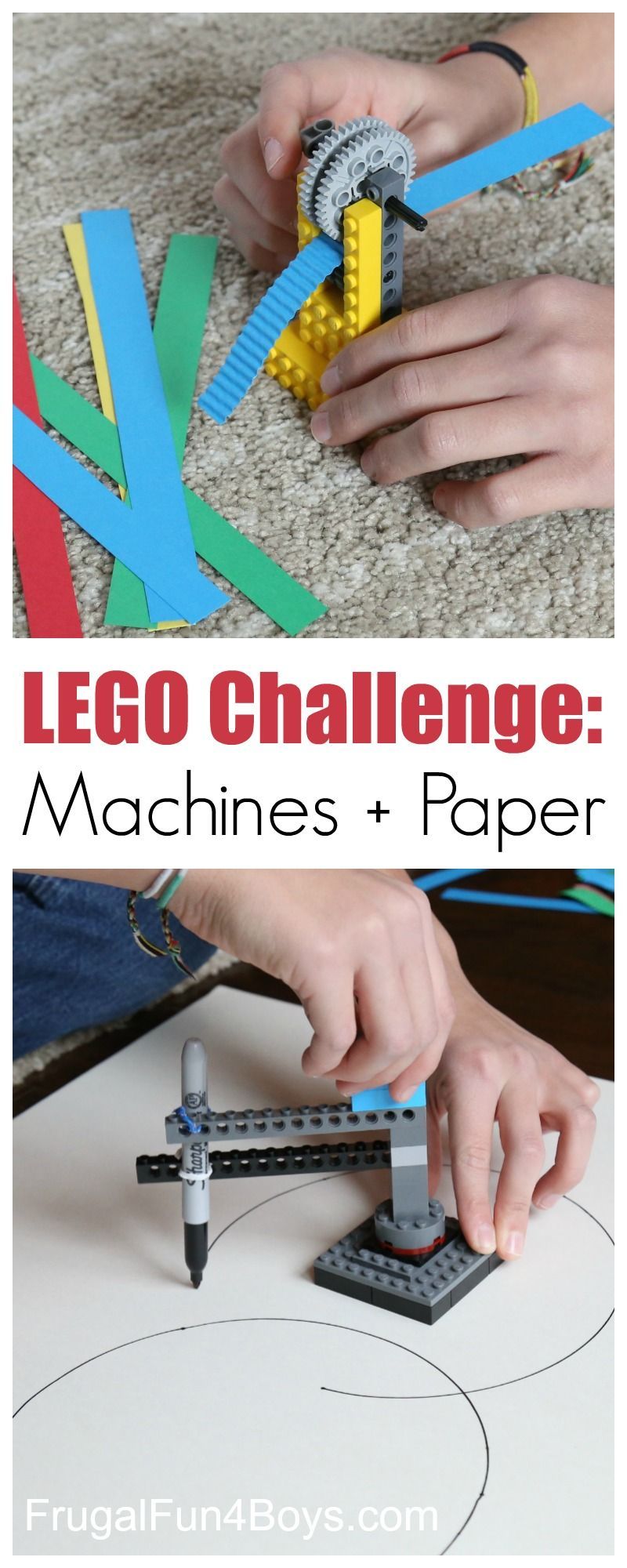 LEGO Building Challenge: Machines + Paper.  How to build a working LEGO paper crimper and a machine that draws circles.  Great