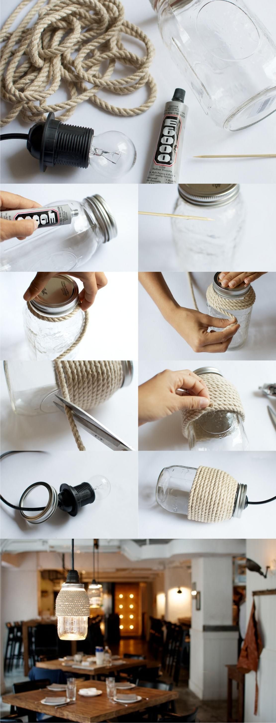 Lámpara DIY con tarro y cuerda – apairandasparediy… – DIY Rope Mason Jar