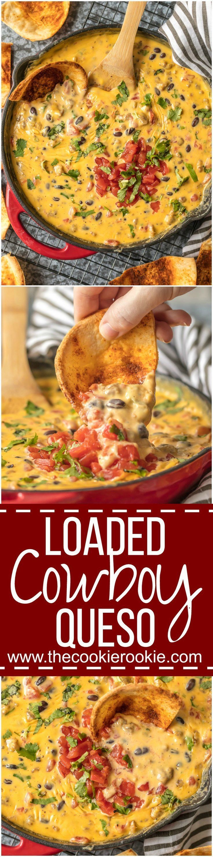 LOADED COWBOY QUESO is the ultimate Super Bowl dip! This EASY appetizer is loaded with velveeta, pepper jack, black beans, Rotel,