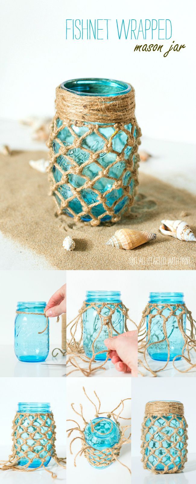 Mason Jar Crafts: Fishnet Wrapped Mason Tutorial using  Vintage Blue Mason Jar